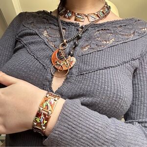 Vintage 1960s Mid century modern boho graffiti copper and enamel jewelry set